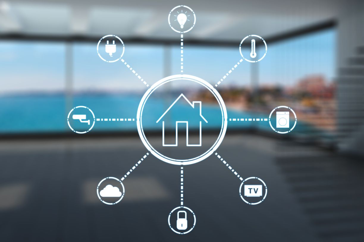 Home automation in Penticton illustrated with smart icons linked to a central symbol