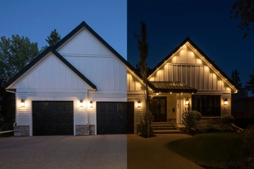 Gemstone lights Langley illuminate a house, highlighting its unique features at night