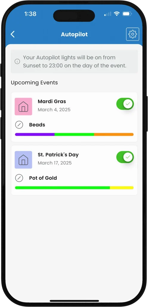 Gemstone lights Langley event app screen shows upcoming events with checkmarks and progress indicators